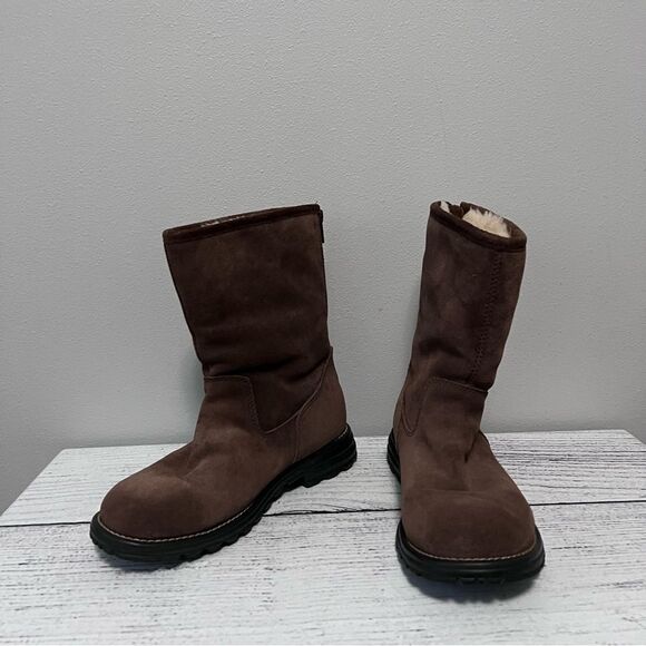 UGG Langley Brown Suede Sheepskin Zip Back Boots Size 7 - Picture 1 of 10